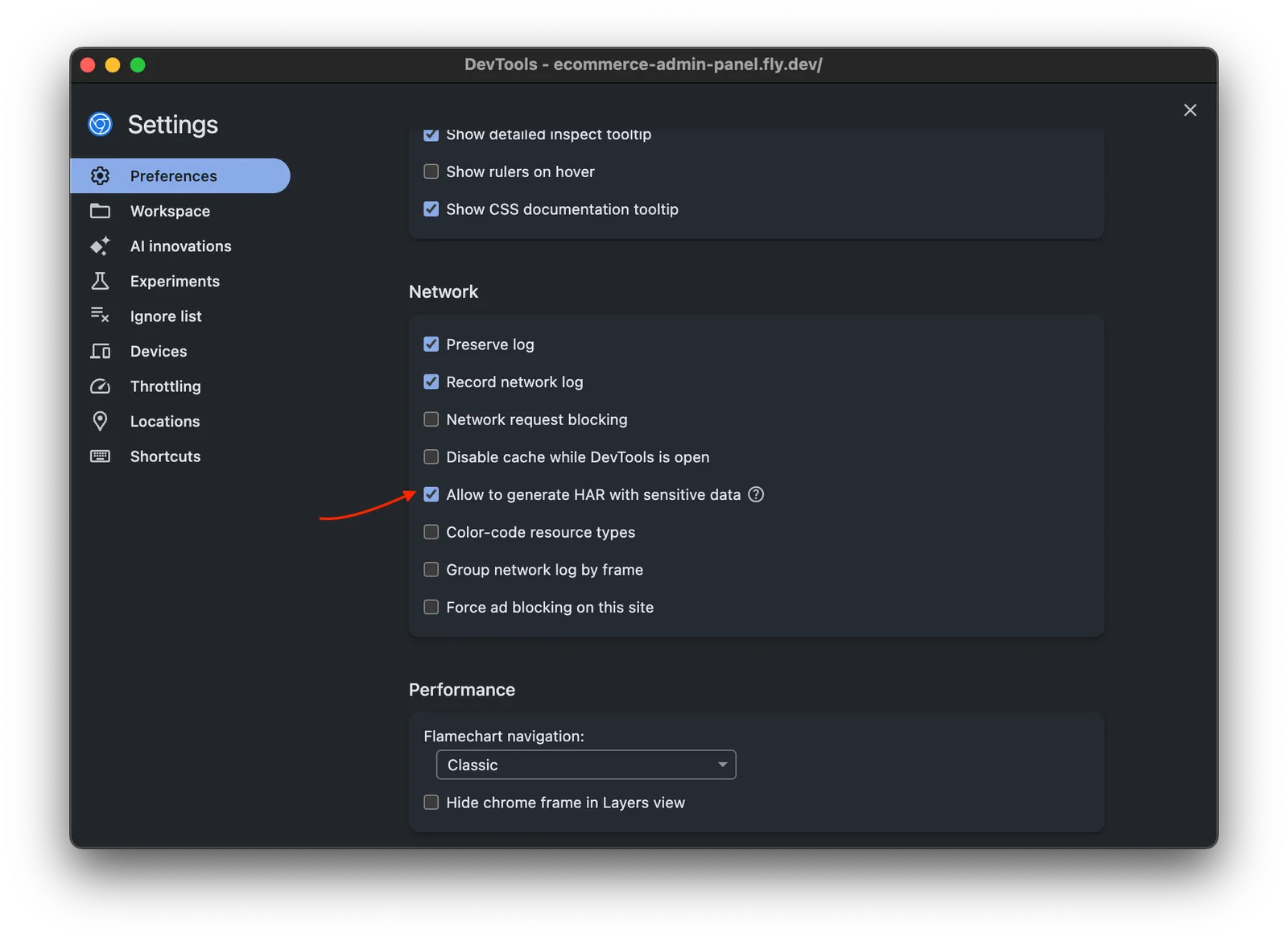 Enable Allow to generate HAR with sensitive data in DevTools preferences