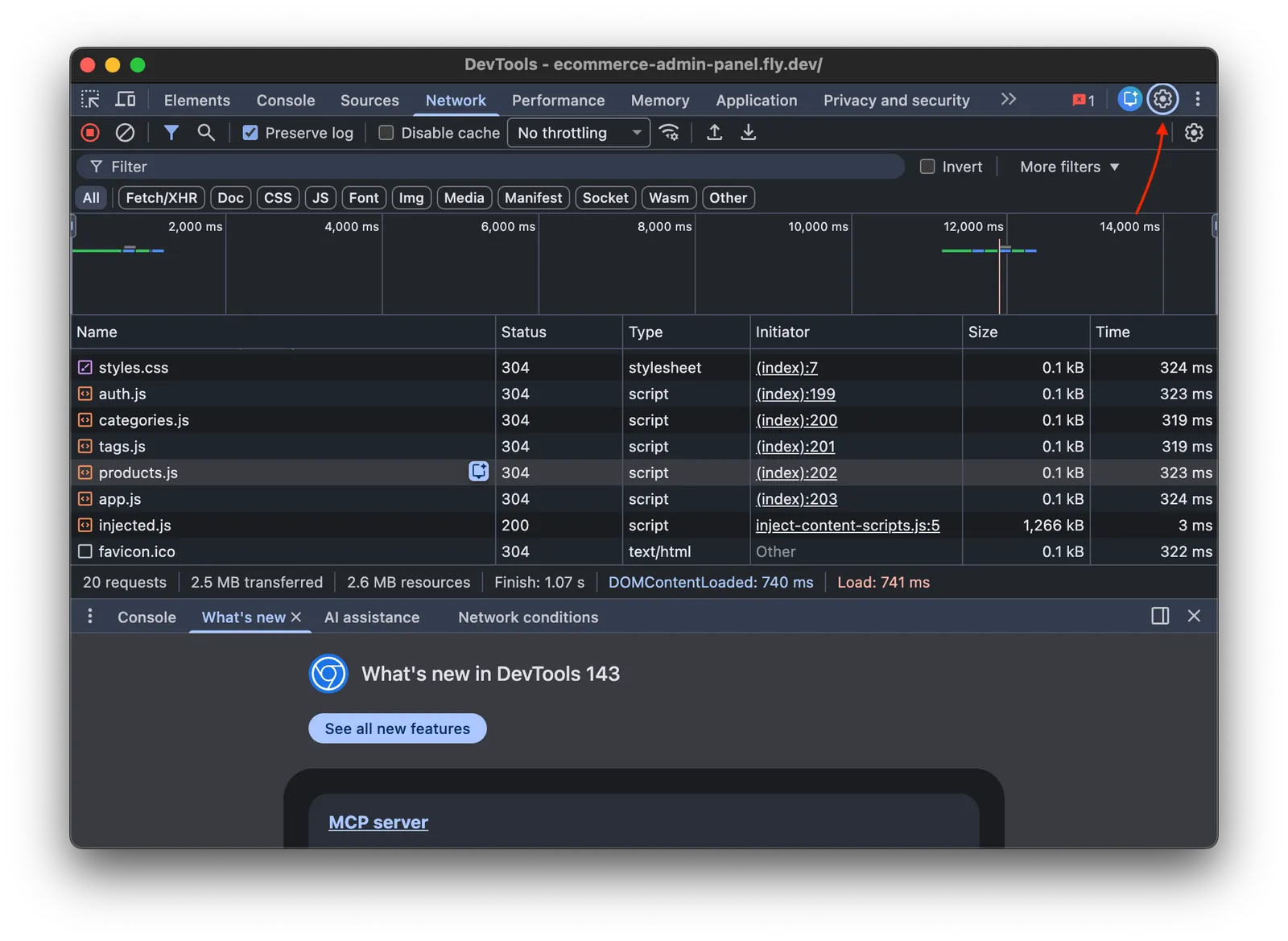 Open DevTools settings from the Network panel toolbar