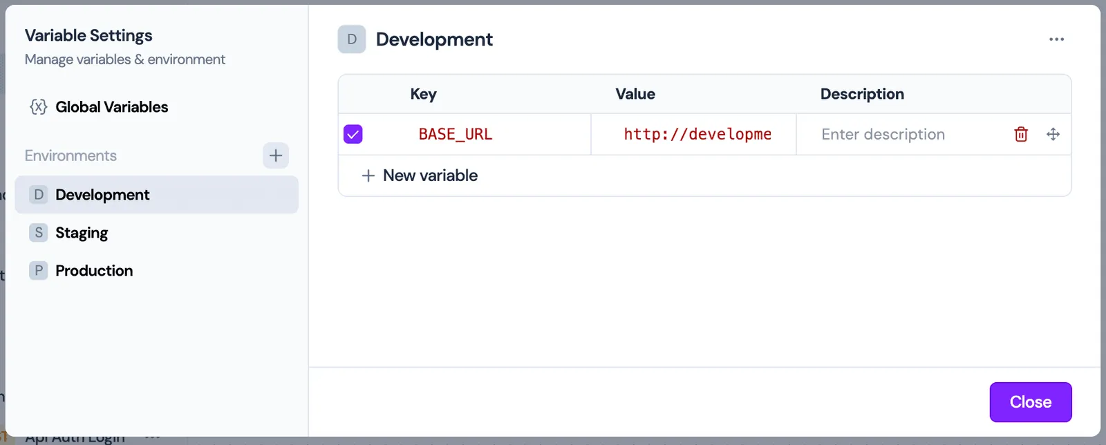 Environments list overview