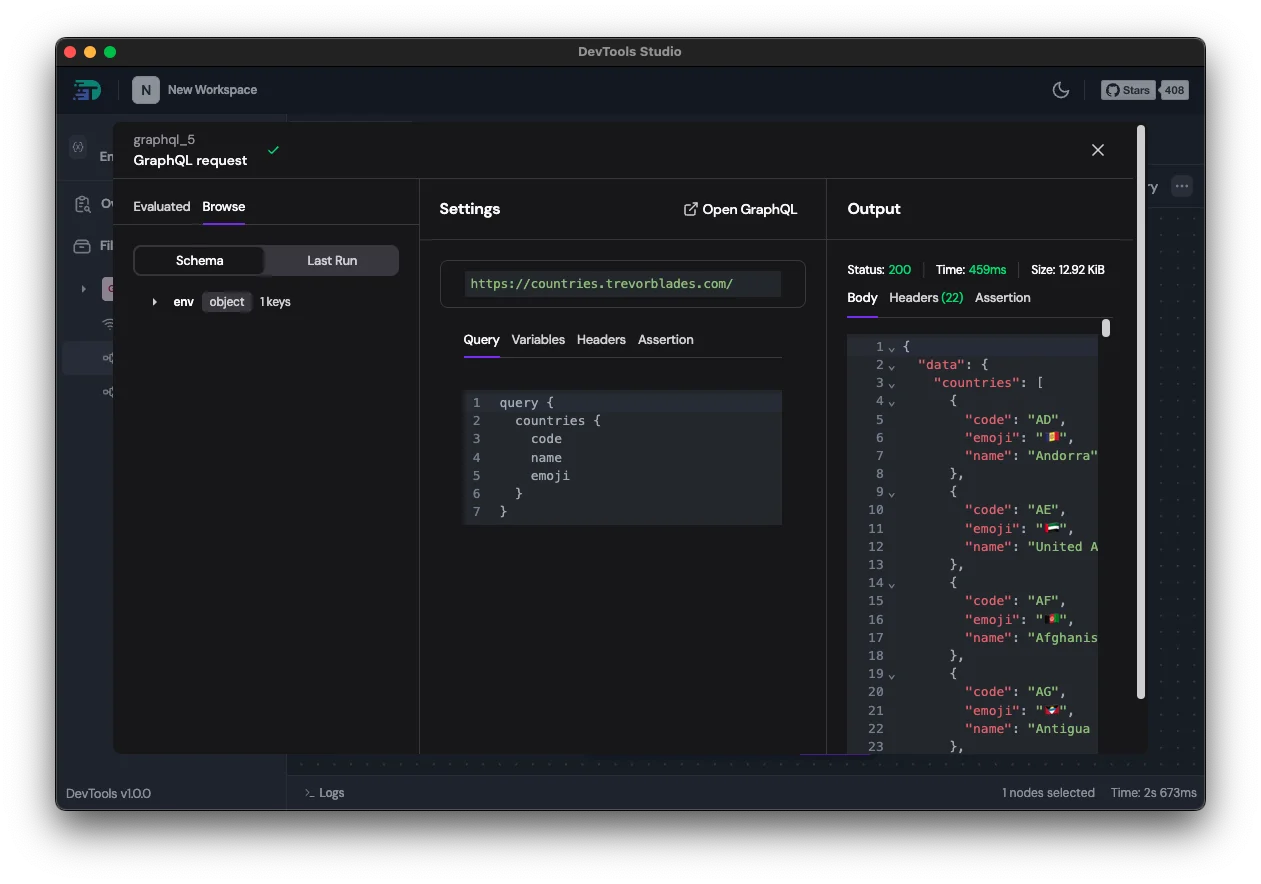 GraphQL node config in a flow — query pane and JSON response