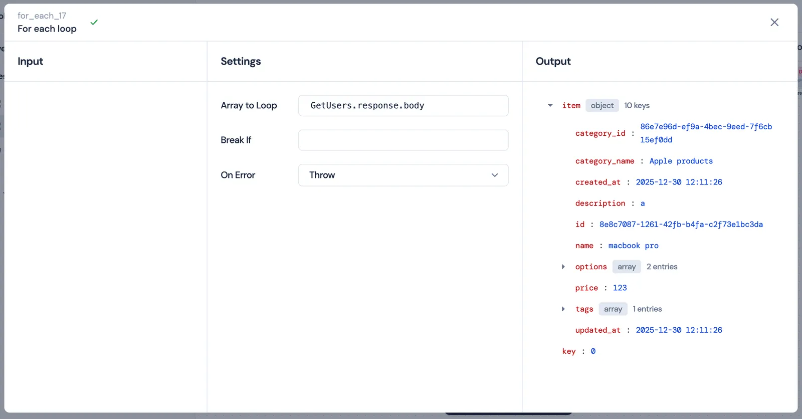 For‑each node config selecting array items