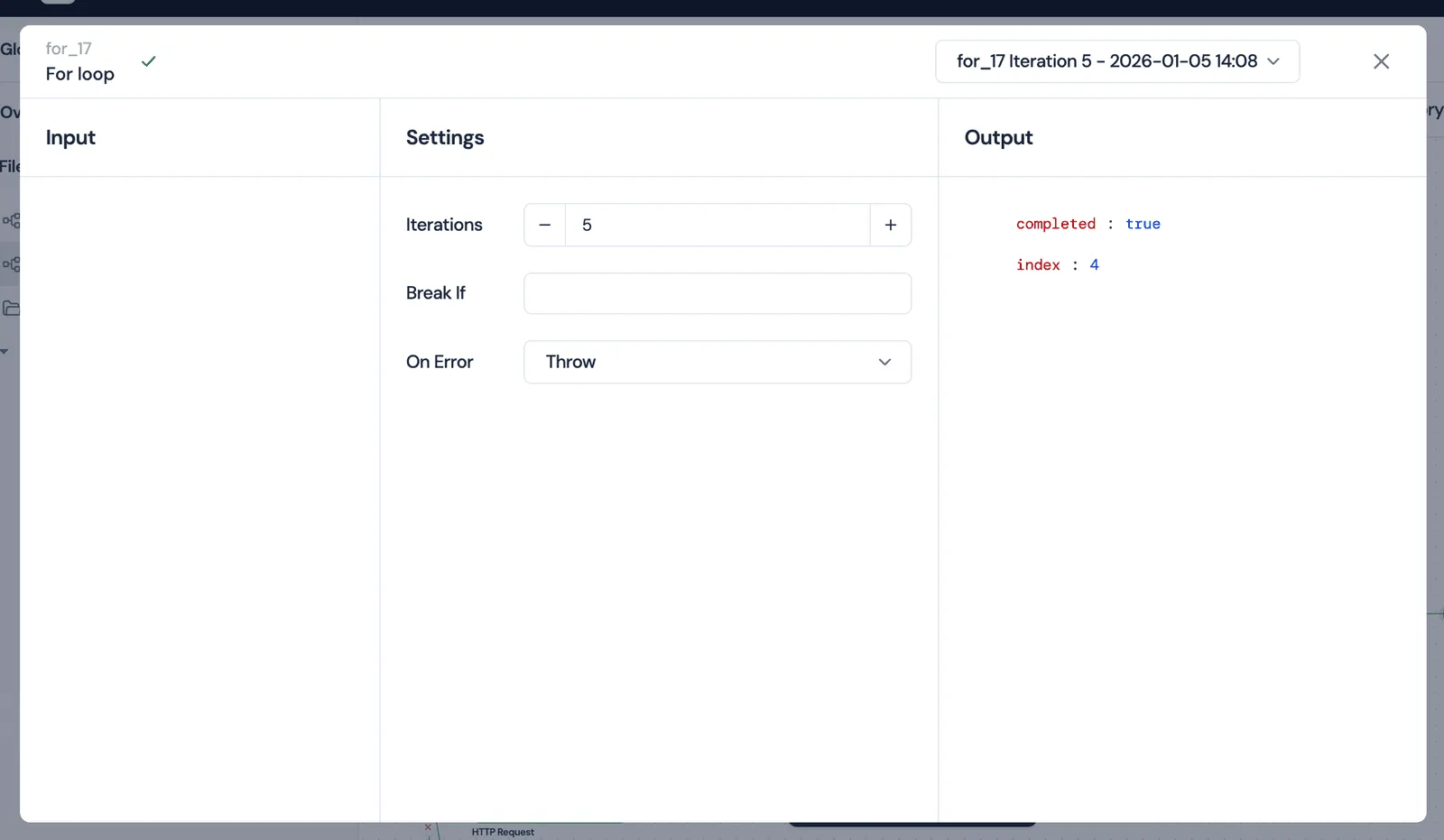 For loop node settings