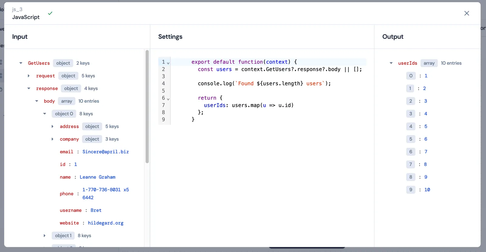 JavaScript node editor and output