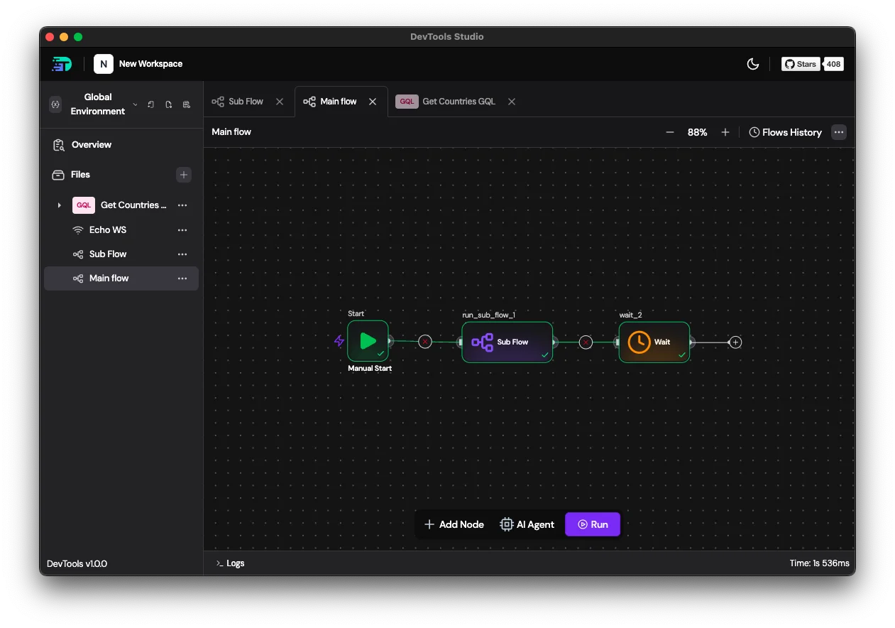 Main flow calling a Sub Flow node in sequence with Wait