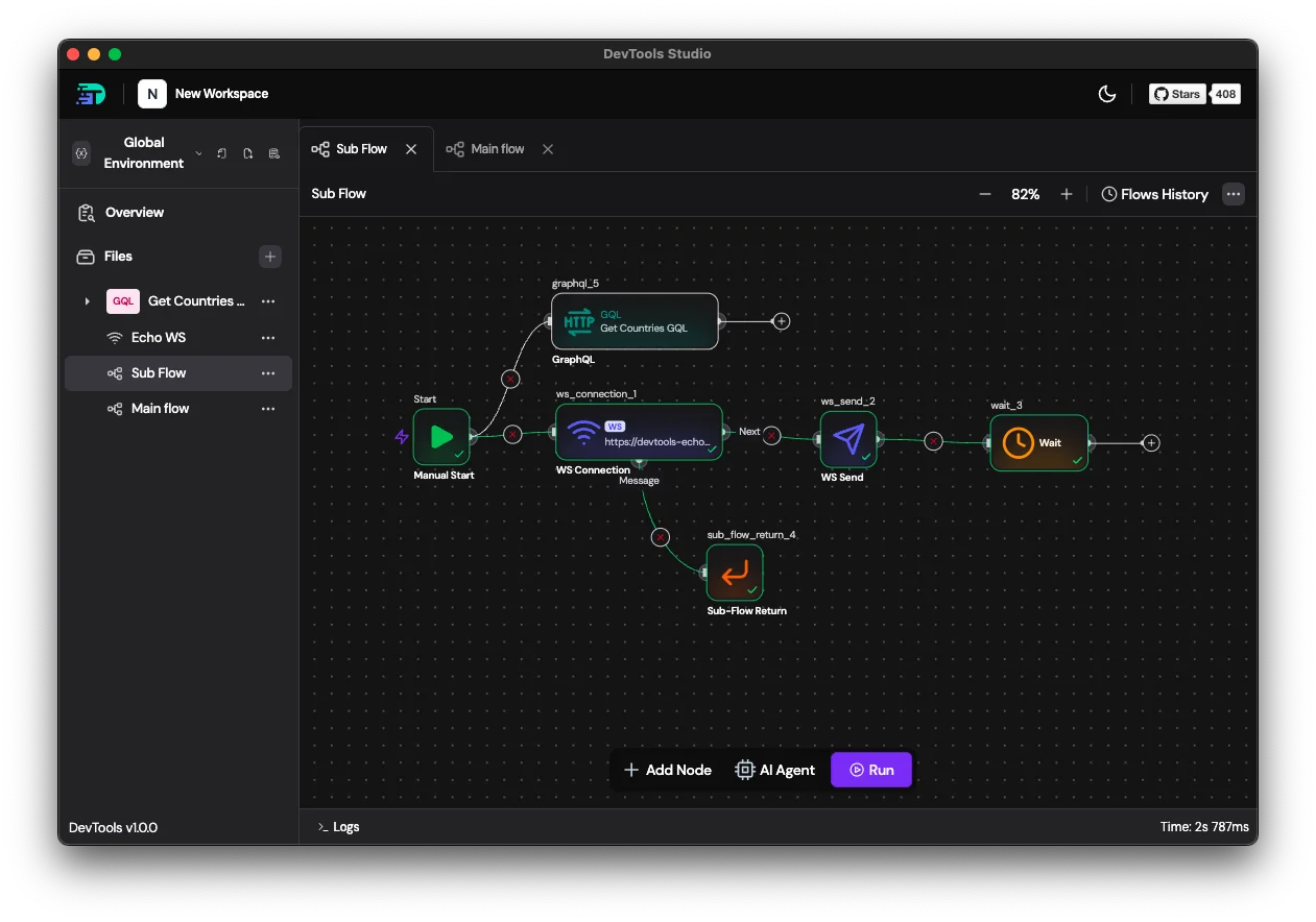 Sub Flow canvas: Manual Start → GraphQL → WS Connection → WS Send → Wait → Sub-Flow Return