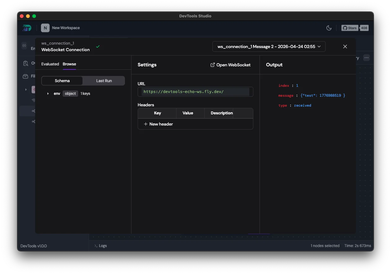 WebSocket Connection node config with received message in the output pane