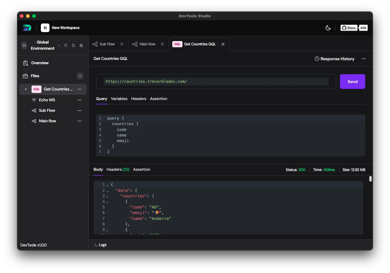 Standalone GraphQL request editor — Get Countries query and JSON response