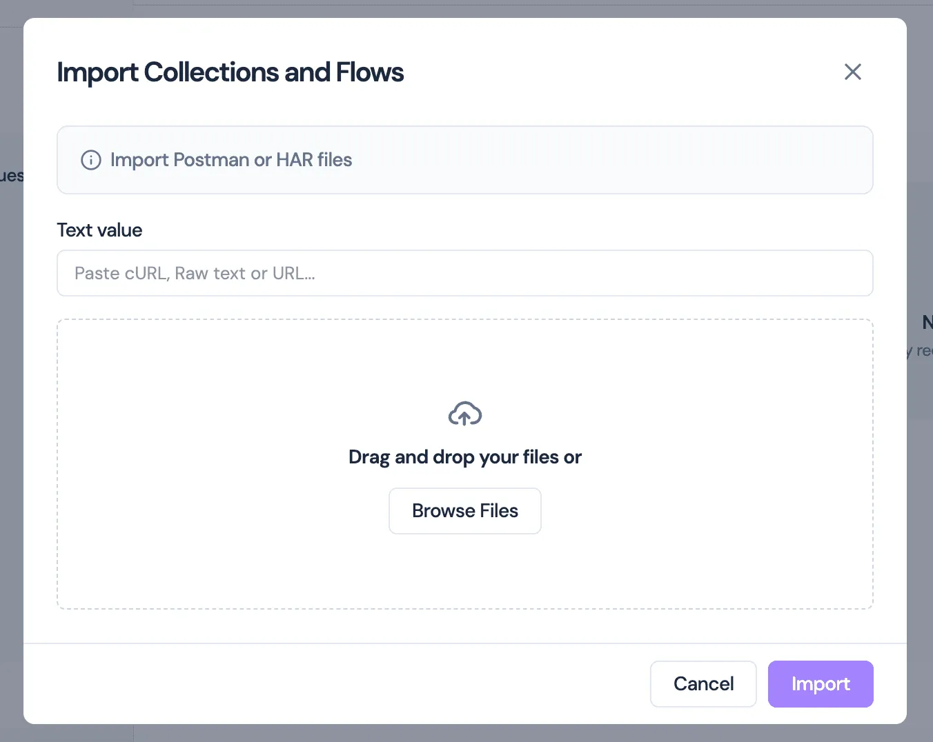 Import dialog selecting HAR file