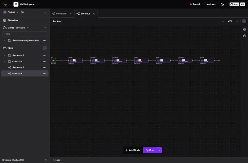 DevTools Studio with a checkout flow open