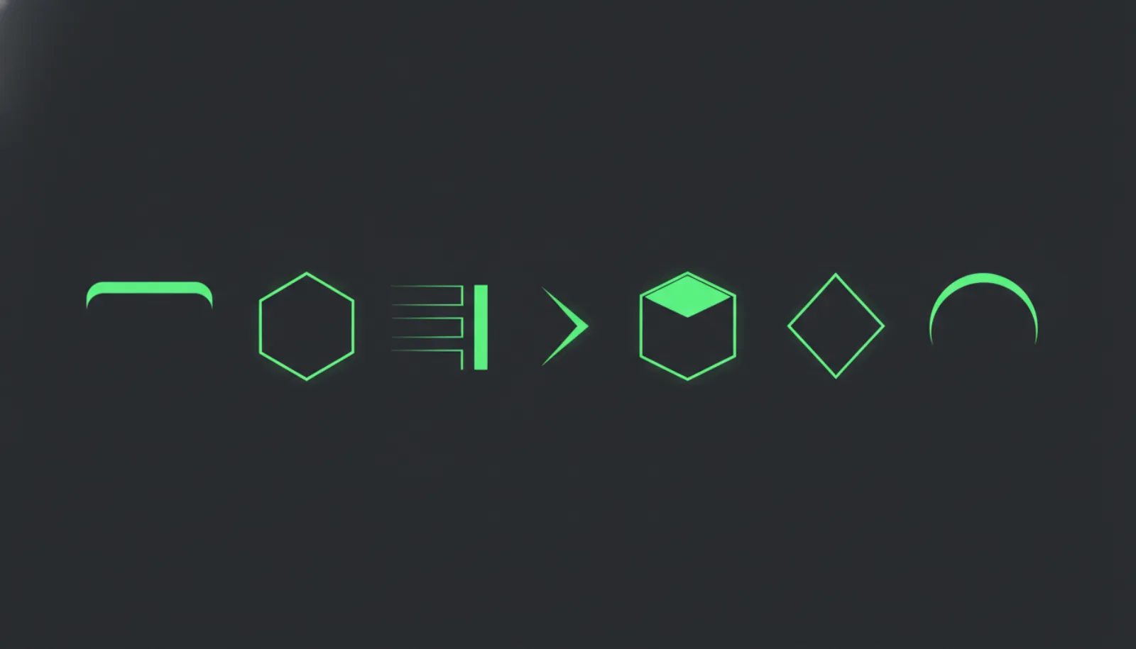 Seven geometric shapes in a row, each with a green lit edge