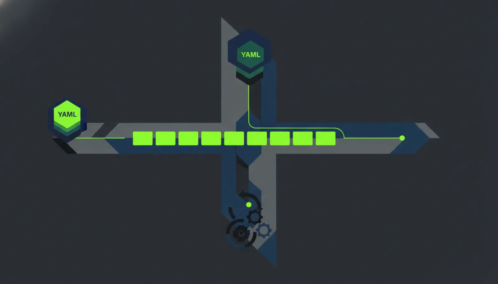 Abstract illustration of identical tiles moving along a track that splits into two paths