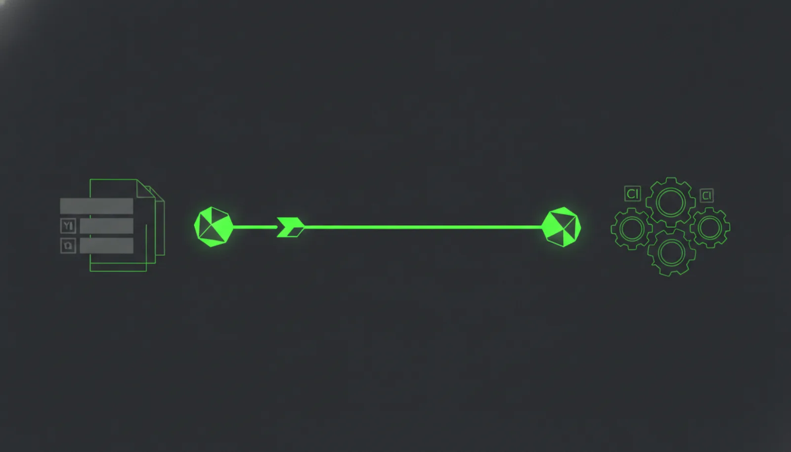 Abstract illustration of two connected nodes passing a small shape along a line