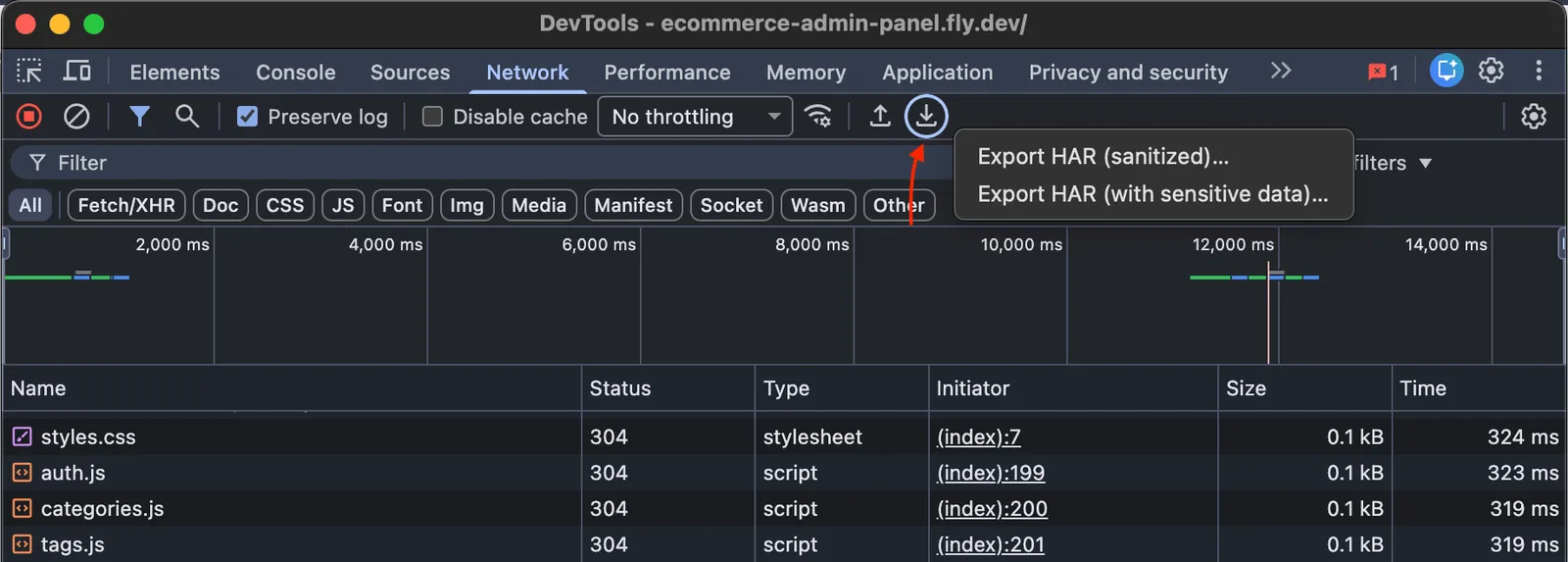 Export HAR from the Network tab toolbar — choose 'with sensitive data'